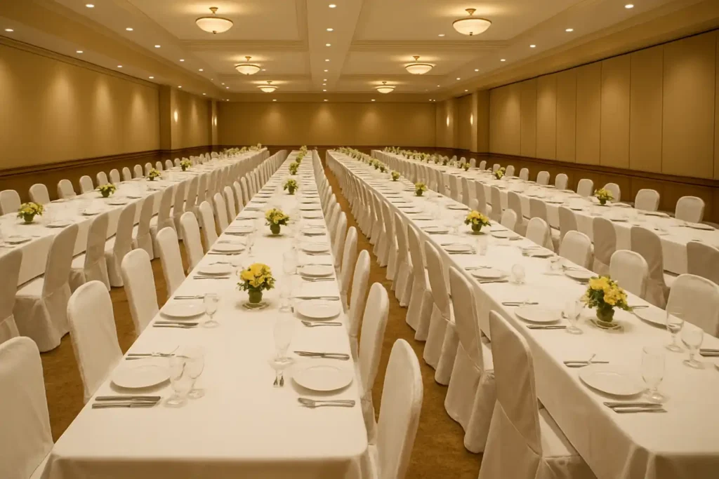 Parallel rows banquet table setup with long rectangular tables in a banquet hall, featuring white tablecloths and covered chairs for large-scale dining events