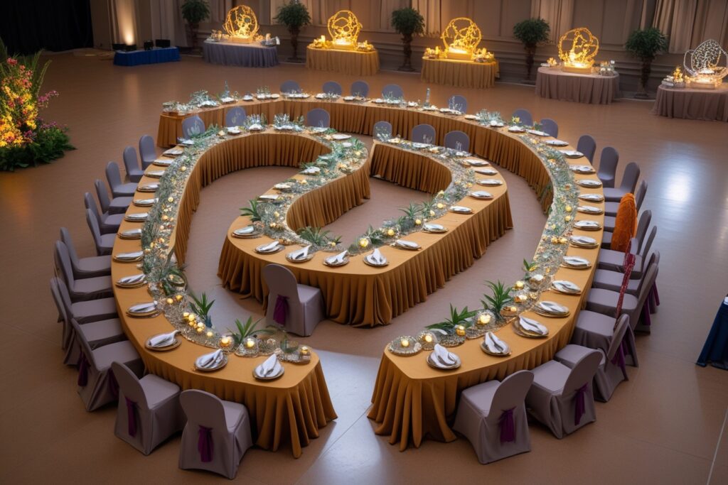 Serpentine setup with curved tables arranged in an S-shape for buffets