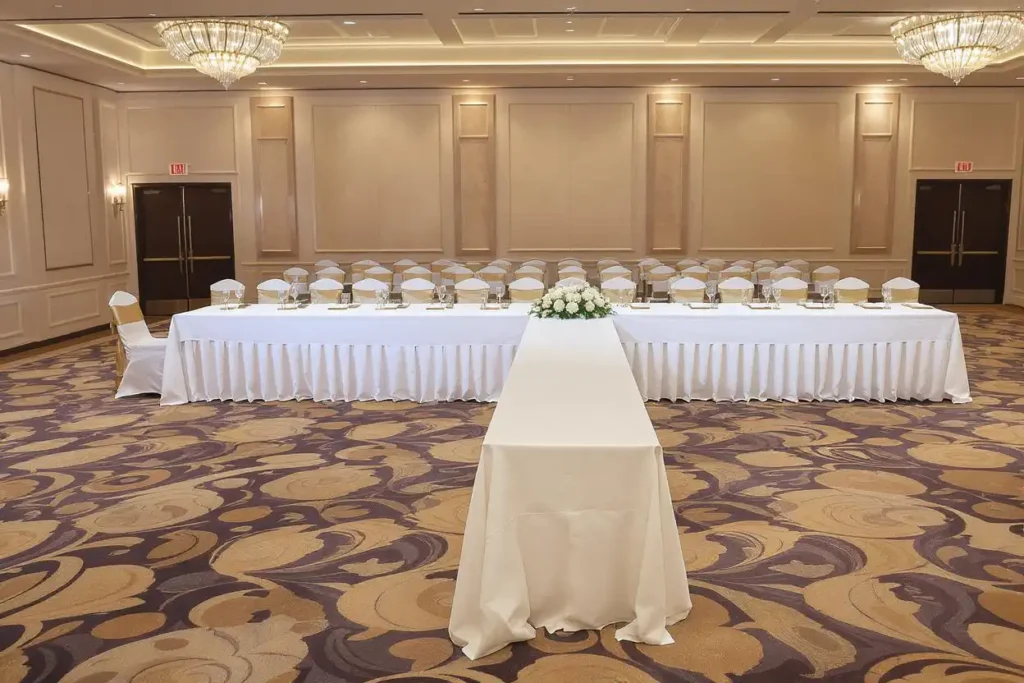 T-shape banquet table setup with a head table and one long extension