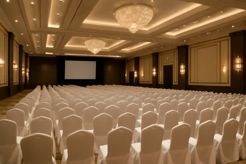 Theatre-style setup with rows of chairs facing a stage in a banquet hall