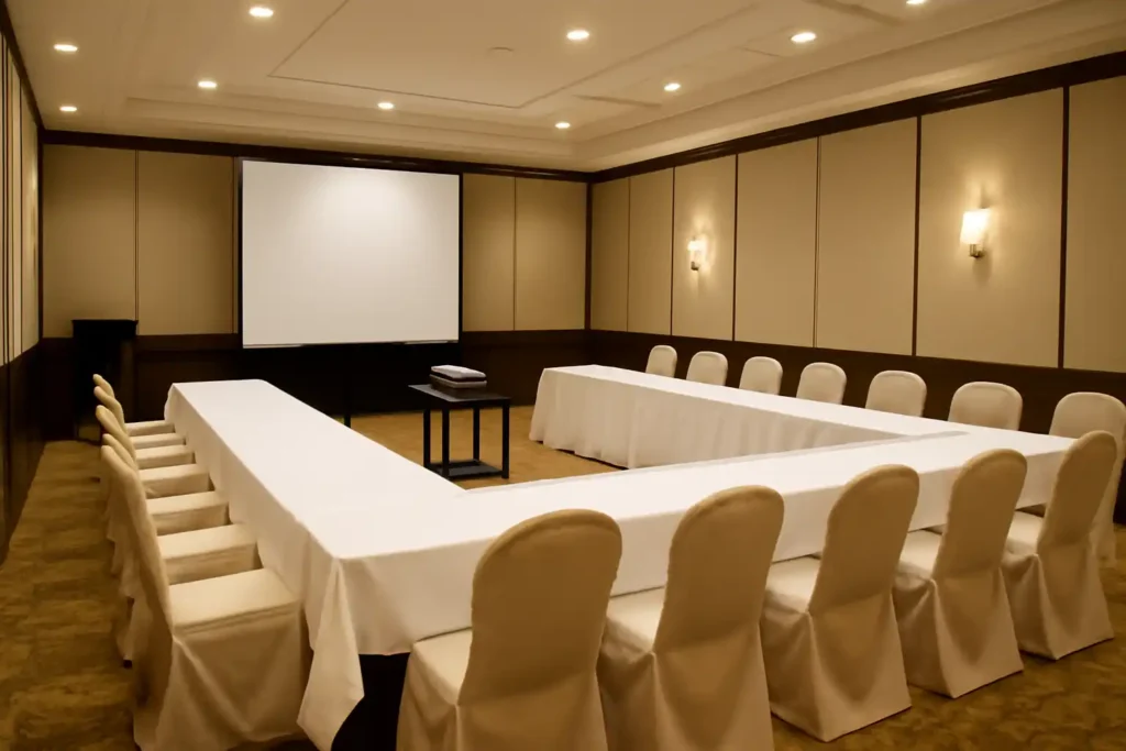 U-shaped table setup with rectangular tables and chairs on the outer edge