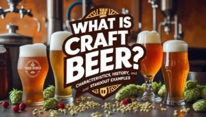 Feature image showing a variety of craft beers — IPA, stout, and wheat beer — in distinctive glasses, surrounded by hops, barley, and fruit, with the article title “What Is Craft Beer? Characteristics, History, and Standout Examples” prominently displayed over a rustic, warm-toned brewery background.