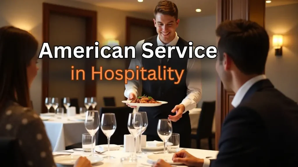 Waiter serving a pre-plated dish to a guest in a fine dining restaurant, illustrating American service style in hospitality.