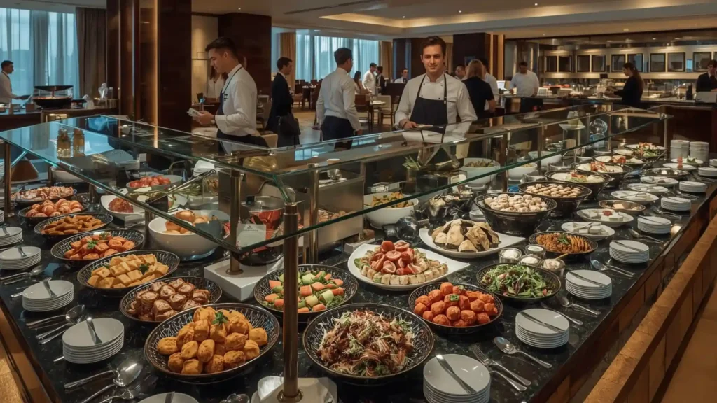 Elegant buffet setup in a luxury restaurant showcasing various international dishes including sushi, roast meats, salads, and desserts – representing types and setup of buffet service.”