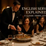 Waiter serving food from a silver platter to a group of well-dressed guests during English service in a fine dining restaurant."