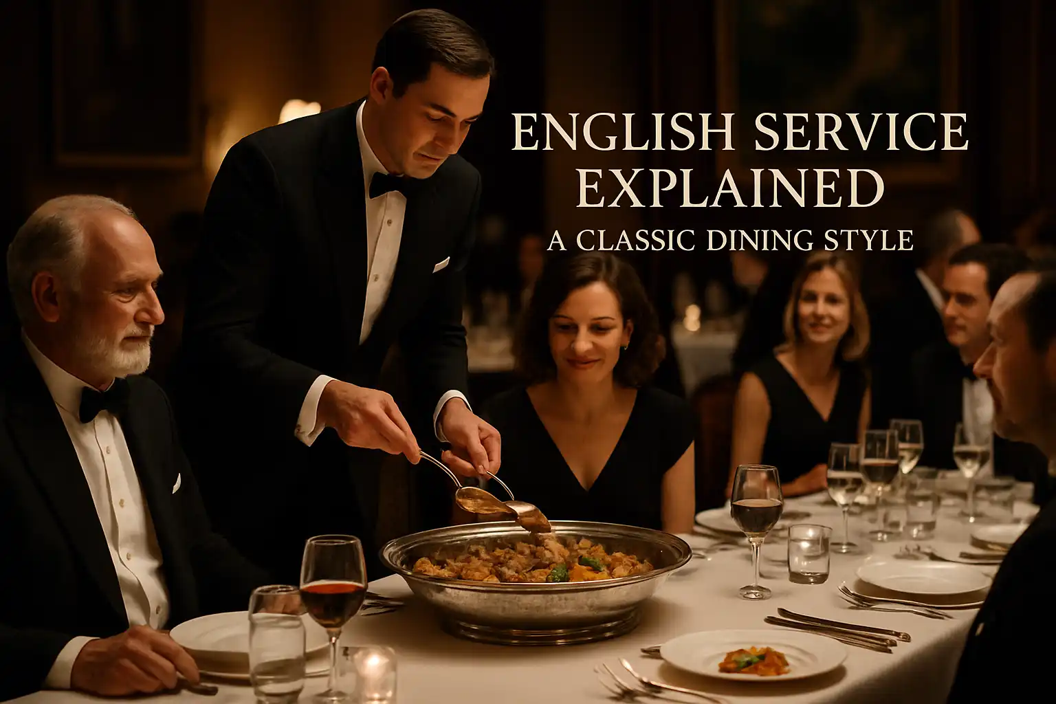 Waiter serving food from a silver platter to a group of well-dressed guests during English service in a fine dining restaurant."