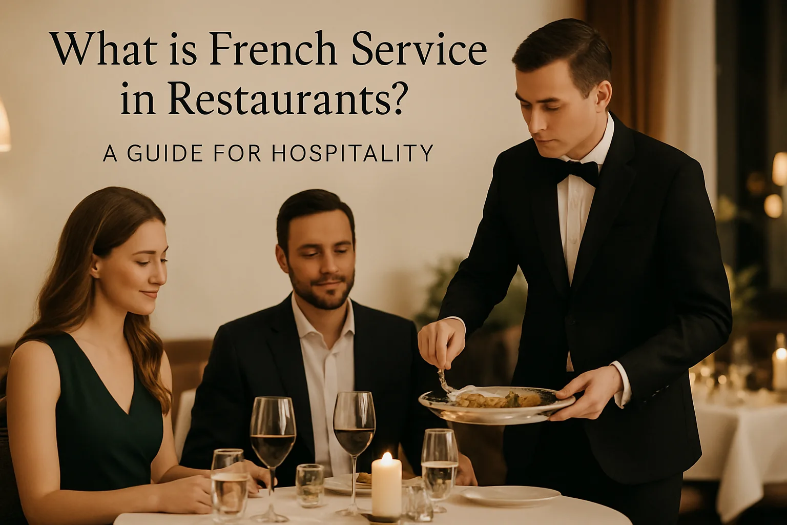Waiter serving food tableside in French service style at a restaurant.