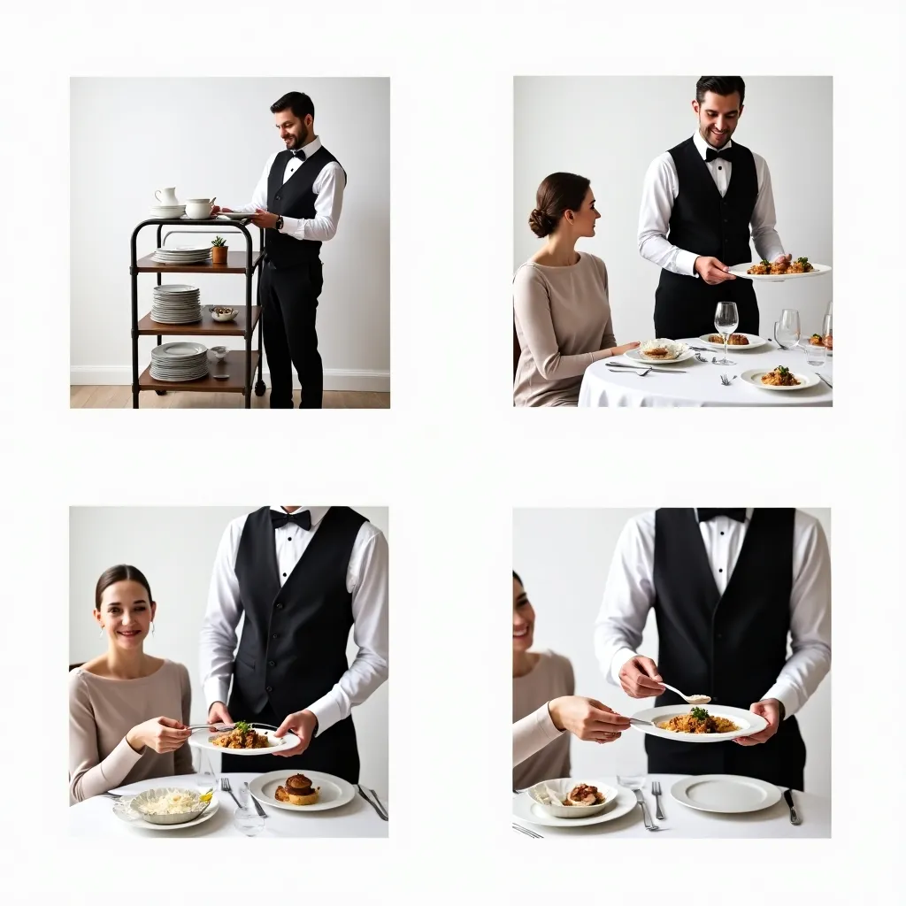 Split-screen image of French service: trolley prep, dish presentation, tableside plating, and spoon-fork serving.