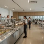 Modern cafeteria with staff serving food behind the counter and guests selecting meals or dining at tables