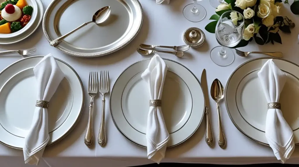 Elegant Silver Service table setup with silver spoon and fork, charger and side plates, course-specific cutlery, folded white linen napkin, and wine and water glasses for fine dining hospitality training.