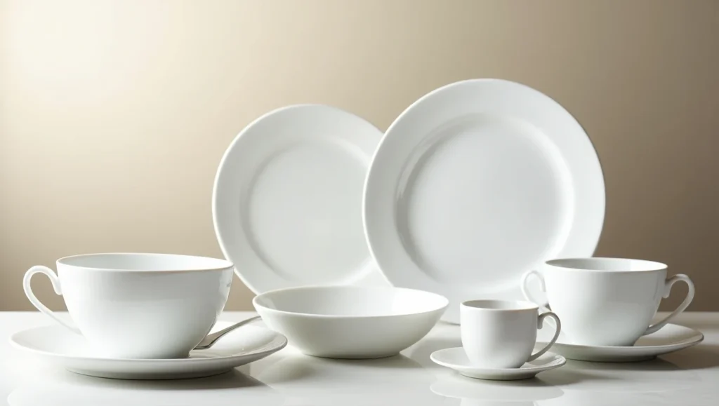 Luxury bone china dinnerware with bright white translucent plates, cups, and saucers arranged for fine dining.