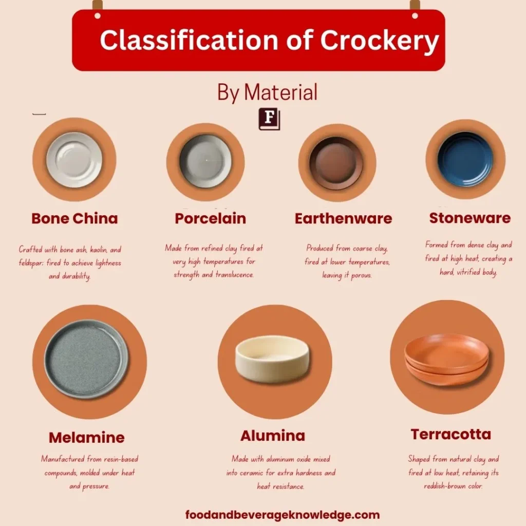 Infographic showing classification of crockery by material – porcelain, bone china, stoneware, earthenware, melamine, alumina, terracotta with making process