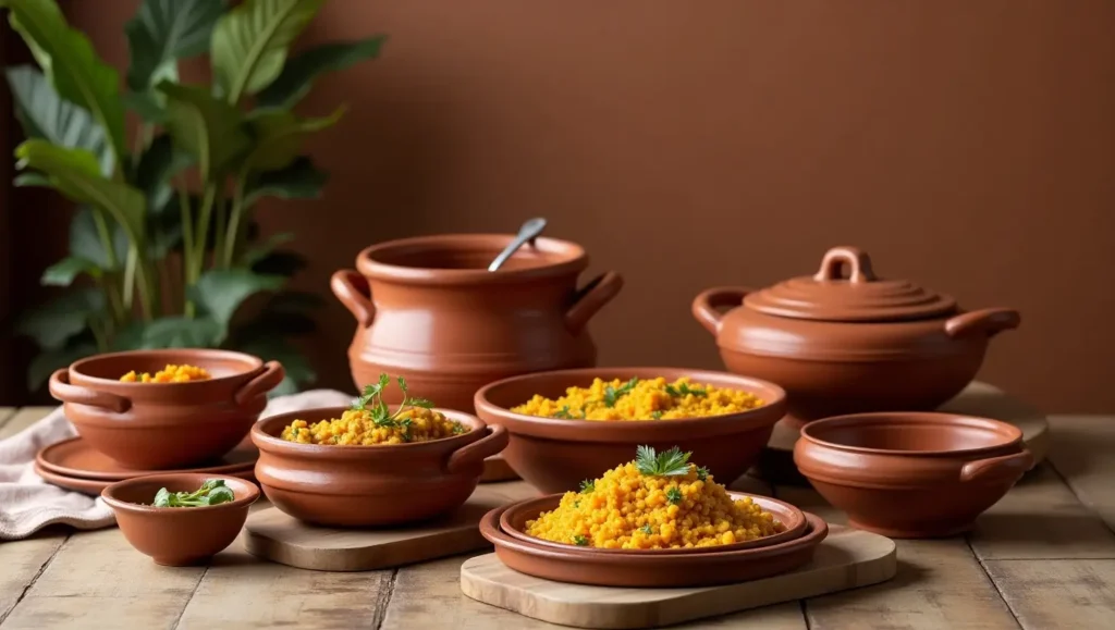 Warm brown earthenware bowls and plates with rustic handcrafted finish for regional dining.