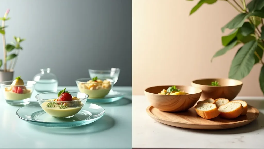 Split-screen image of modern crockery—transparent glass bowls and plates on the left, rustic wooden boards and salad bowls on the right.