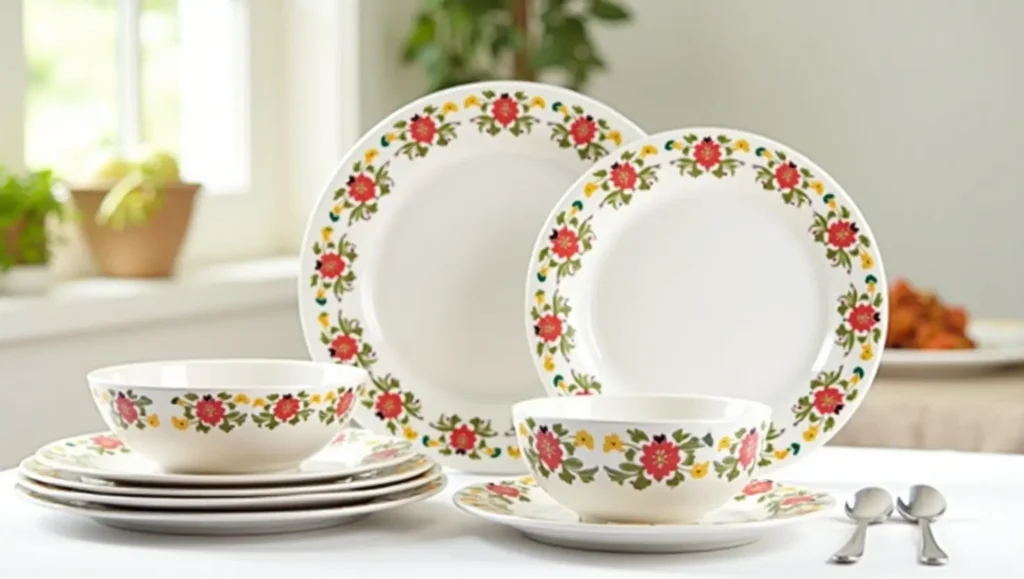 Durable melamine dinner set with floral patterned plates, bowls, and serving spoons arranged neatly.