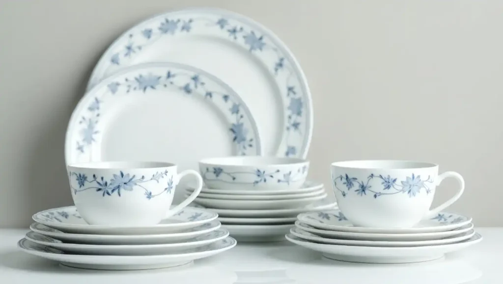 Elegant white porcelain crockery set with plates, bowls, cups, and saucers neatly arranged on a dining table.