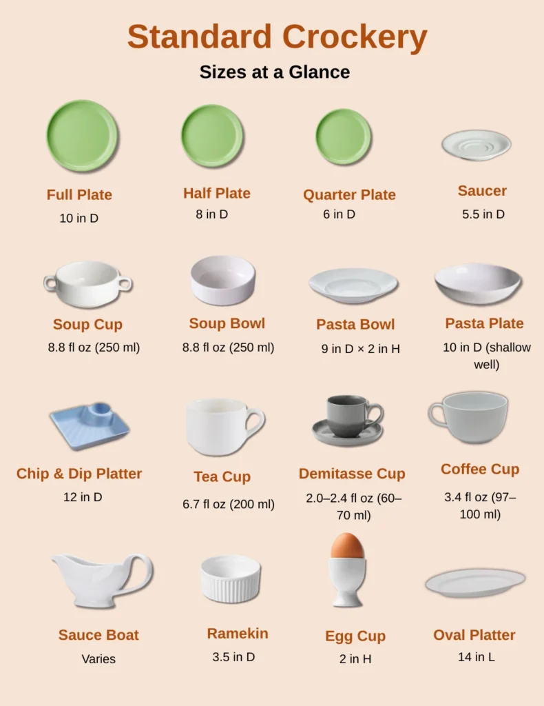 Infographic showing standard crockery sizes at a glance including quarter plate 6 inches, half plate 8 inches, full plate 10 inches, saucer 5.5 inches, soup cup and bowl 250 ml, pasta plate 10 inches, pasta bowl 9 inches, tea cup 200 ml, coffee cup 100 ml, demitasse 70 ml, egg cup 2 inches, ramekin 3.5 inches, chip and dip platter 12 inches, oval platter 14 inches, and sauce boat.