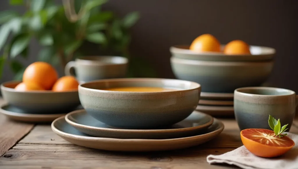 Rustic stoneware plates, bowls, and mugs in earthy tones displayed on a wooden dining surface.