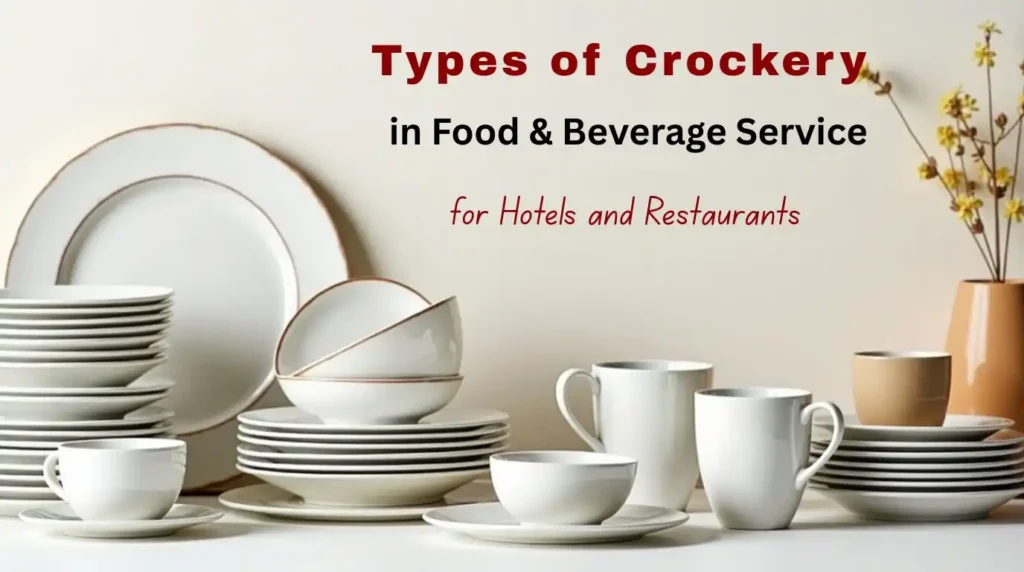 Variety of crockery types used in hotels and restaurants including porcelain plates, stoneware bowls, and earthenware cups arranged on a table, highlighting material differences and professional tableware.