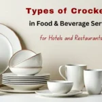 Variety of crockery types used in hotels and restaurants including porcelain plates, stoneware bowls, and earthenware cups arranged on a table, highlighting material differences and professional tableware.