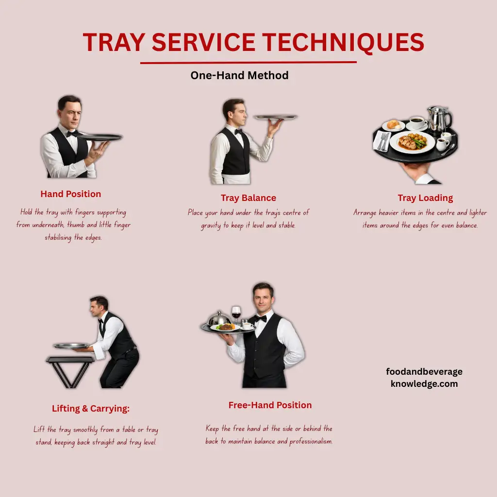 Infographic showing professional tray service techniques for waiters, including hand position, tray balance, loading, lifting from table, and free-hand posture.”