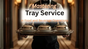 Hotel waiter carrying a tray with covered food for room service in a luxury setting.